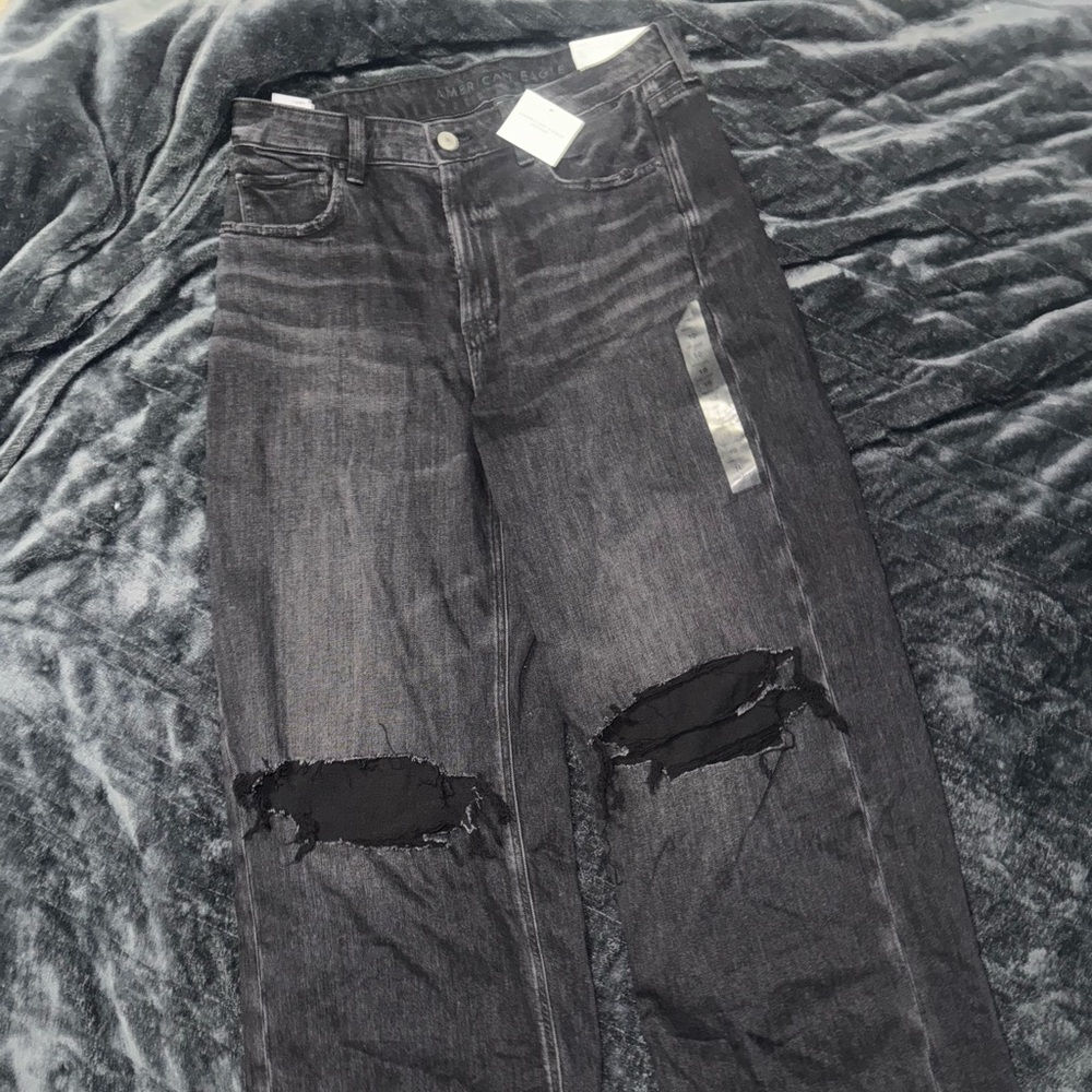 AE Dreamy Drape Stretch Super High-Waisted Baggy Wide-Leg Jean in Black, 10R NWT